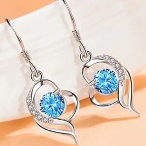 Elegant Silver Heart Earrings with Sparkling Blue Gem